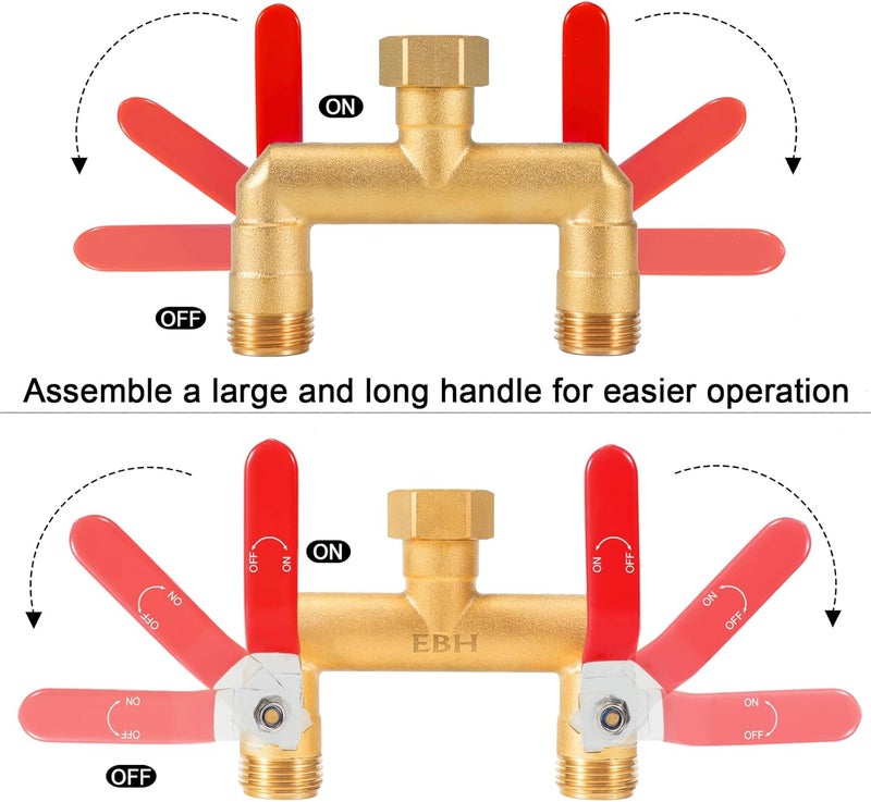 EBH Garden Hose Splitter, 2-Way High Flow Heavy Duty Brass Outdoor Hose Manifold with Extra Long Handles Full Flow Faucet Adapter- 3/4” GHT(Red) - Image 5